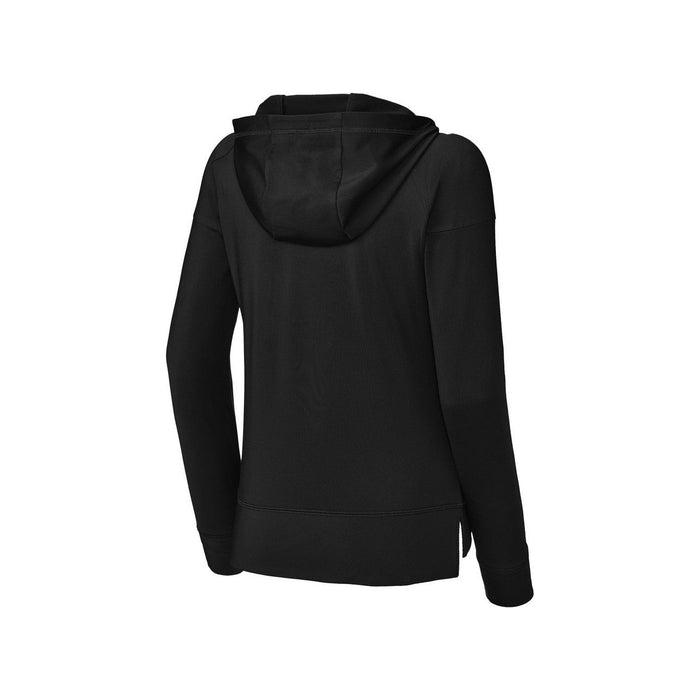 Back view of our Women's Active Stretch 1/2-Zip Performance Hoodie – featuring the moisture-wicking technology and breathable fabric in black.