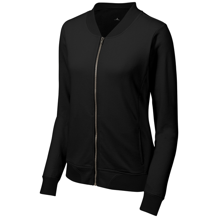 Ladies Lightweight French Terry Bomber in Black - Elevate casual chic with this soft and trendy cotton-rich bomber in classic black.