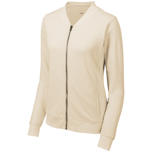 Ladies Lightweight French Terry Bomber in Ecru - Redefine casual elegance with this cotton-rich bomber in a stylish and versatile ecru hue.