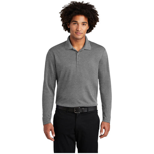 Men's Moisture Wicking Long Sleeve Polo in Grey Heather – a heathered gray option for a casual and textured appearance.