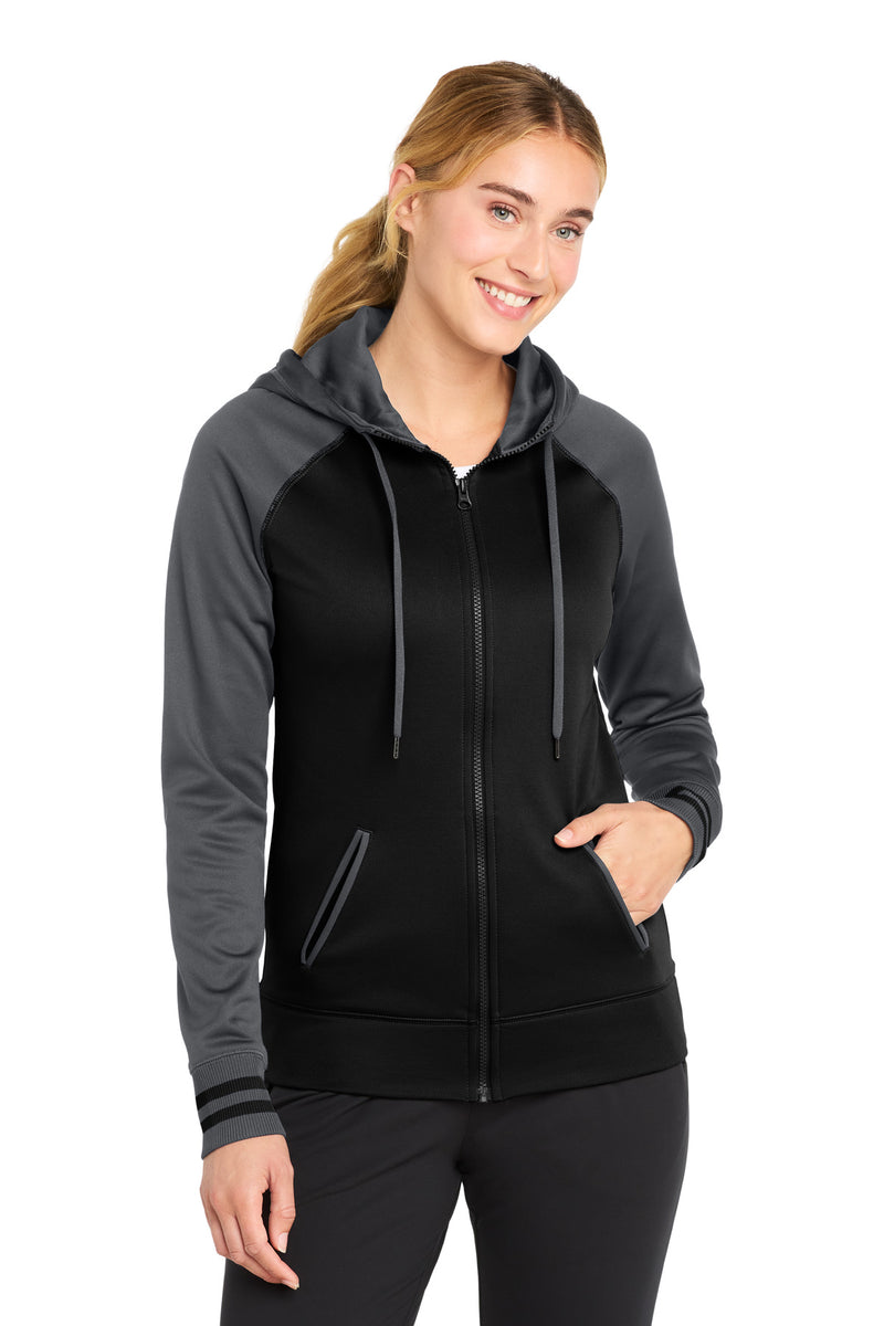 DRIEQUIP Women's Varsity Fleece Full-Zip Hooded Jacket with Colorblock Sleeves