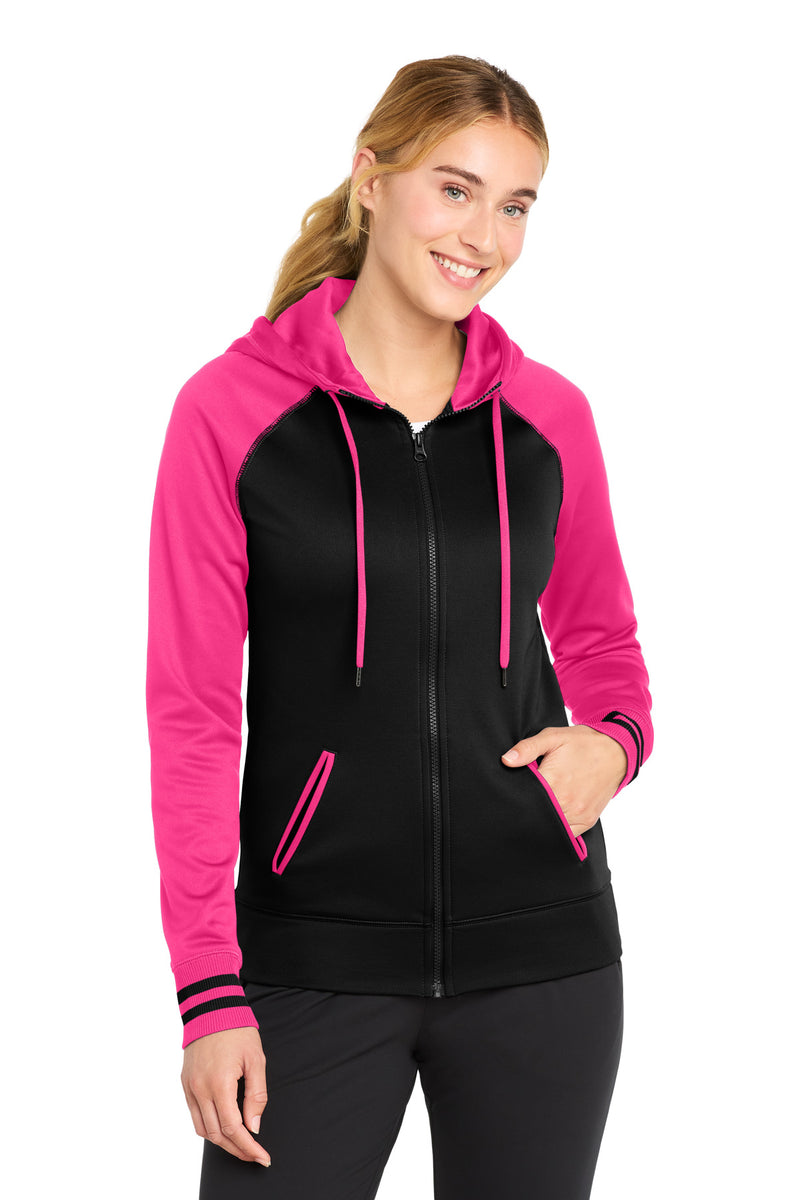 DRIEQUIP Women's Varsity Fleece Full-Zip Hooded Jacket with Colorblock Sleeves