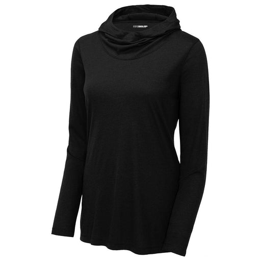 Ladies Tri-Blend Wicking Long Sleeve Hoodie in Classic Black – Elevate your comfort with moisture-wicking performance.