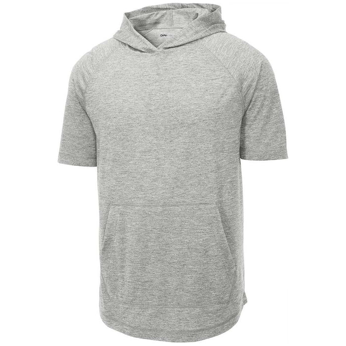 Light up your wardrobe with the DRI-EQUIP Tri-Blend Wicking Short Sleeve Hoodie in Light Grey Heather – Ultimate comfort in style.