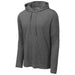 Stay cozy in the Tri-Blend Wicking Long Sleeve Hoodie in dark grey heather – a modern, stylish choice.