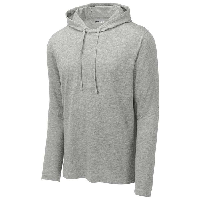 Embrace a casual look with the Tri-Blend Wicking Long Sleeve Hoodie in light grey heather – comfy and chic.