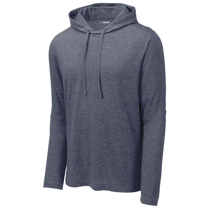 Keep it timeless with the Tri-Blend Wicking Long Sleeve Hoodie in navy heather – a classic wardrobe essential.