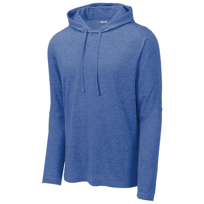 Elevate your style in the Tri-Blend Wicking Long Sleeve Hoodie in royal heather – a vibrant and comfortable option.