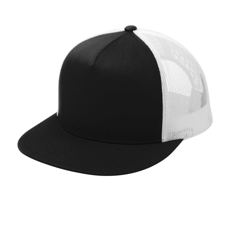 Black and white cap with mesh back on a white background