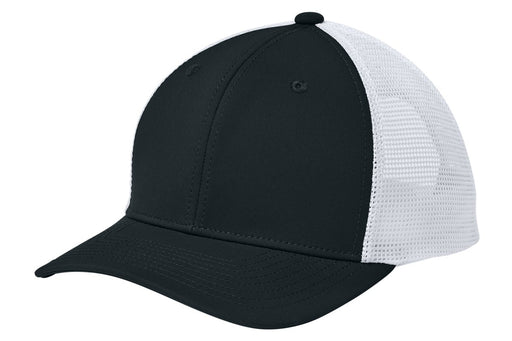 Black and white cap with mesh back on a white background