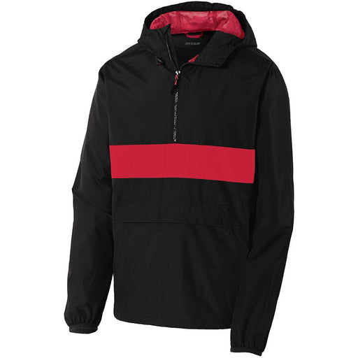 Quarter-Zipped Pocket Anorak in Red/Black - Striking color combo, wind- and water-resistant, with a secure zippered pocket.