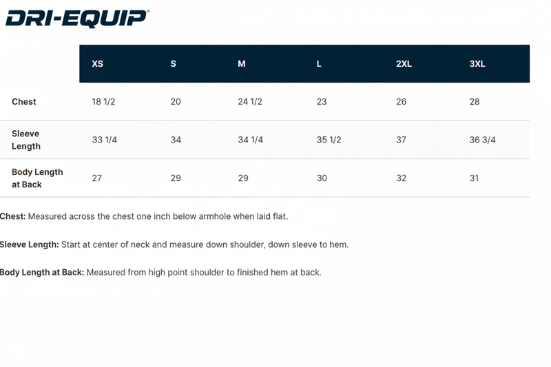 DRI-EQUIP Branded Size Chart