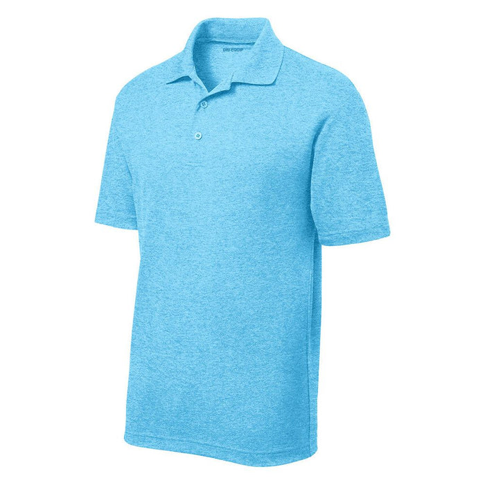 Men's Moisture Wicking Short Sleeve Polo in Pond Blue Heather – a heathered version of Pond Blue for a textured and casual appearance.